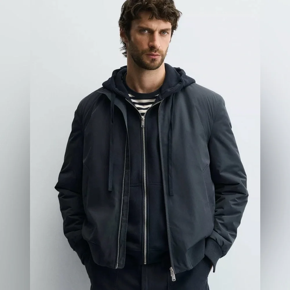 ZARA MAN Basic 2-1 Hoodie Insert Double Zipped Bomber Jacket Navy/Grey Men's M
